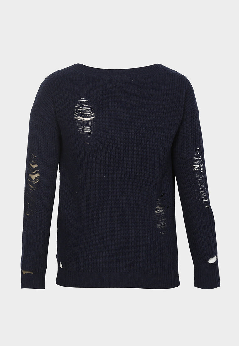 women full sleeve ribbed knit sweater#_color_navy