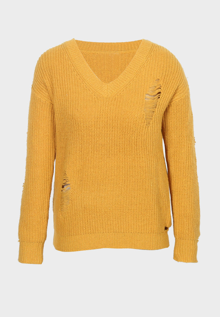 women full sleeve ribbed knit sweater#_color_mustard