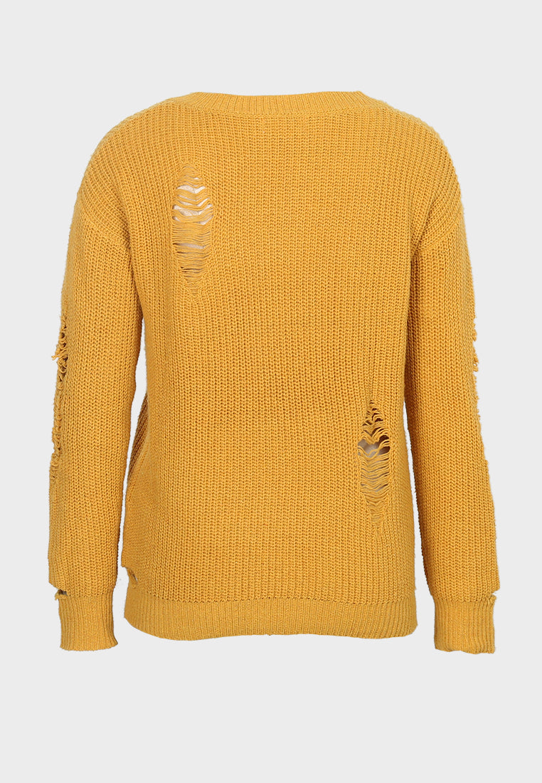 women full sleeve ribbed knit sweater#_color_mustard