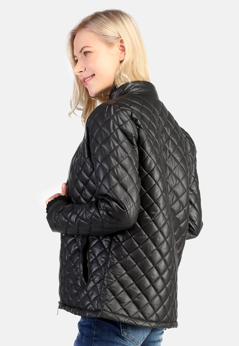 women puffer jacket with zip closure#color_black