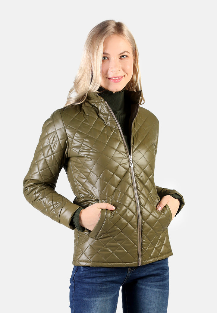 women puffer jacket with zip closure#color_olive