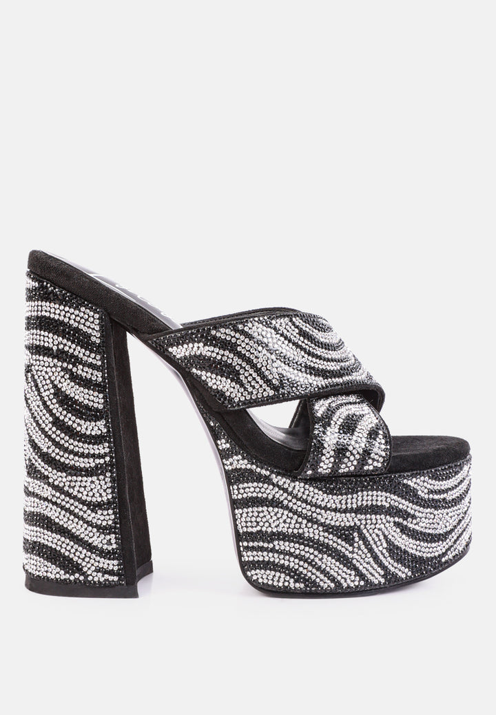 sinful high platform patterned diamante slides#color_black
