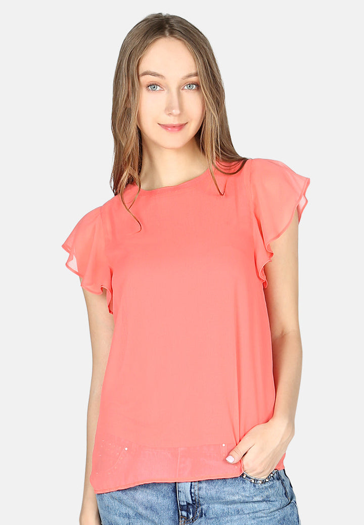 Women Short Flutter Sleeve Casual Top
