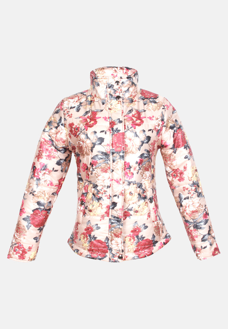 women high neck puffer jacket#color_beige floral print