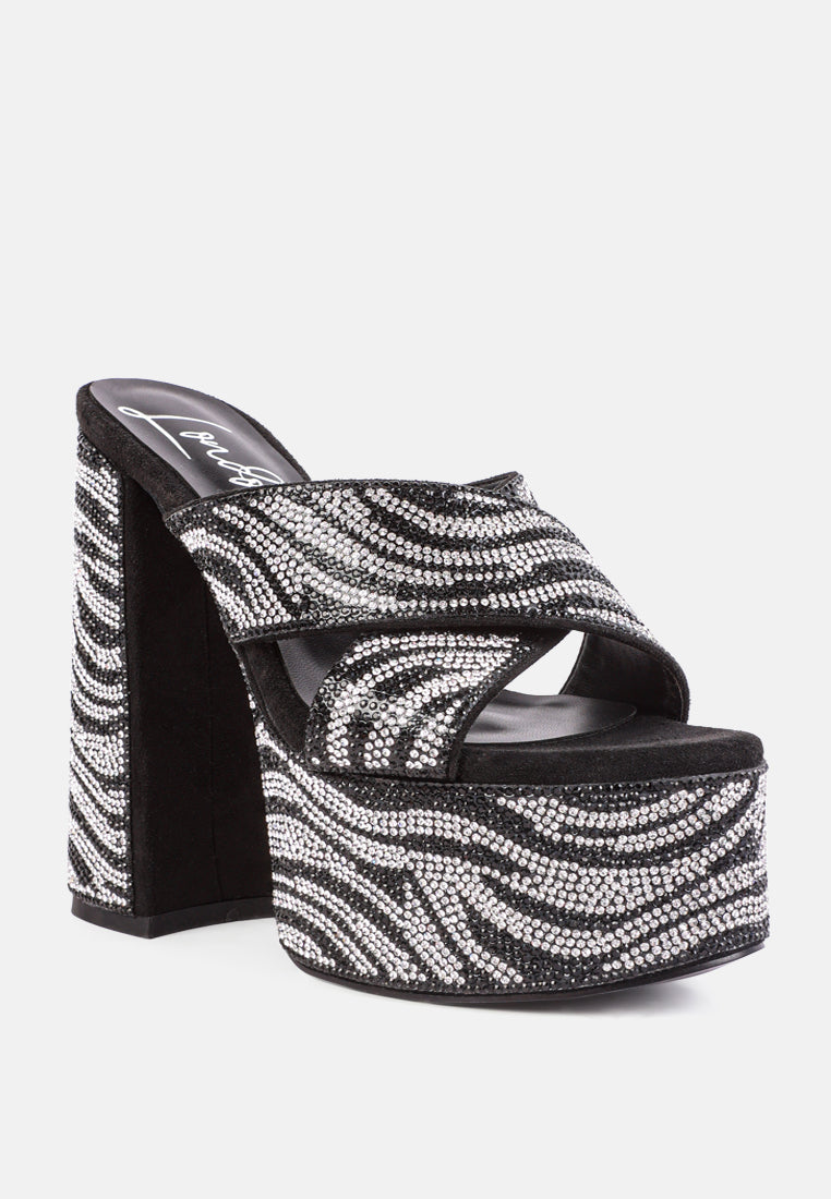 sinful high platform patterned diamante slides#color_black