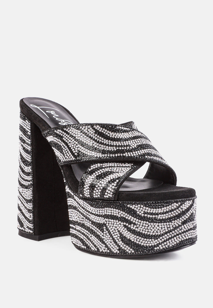 sinful high platform patterned diamante slides#color_black