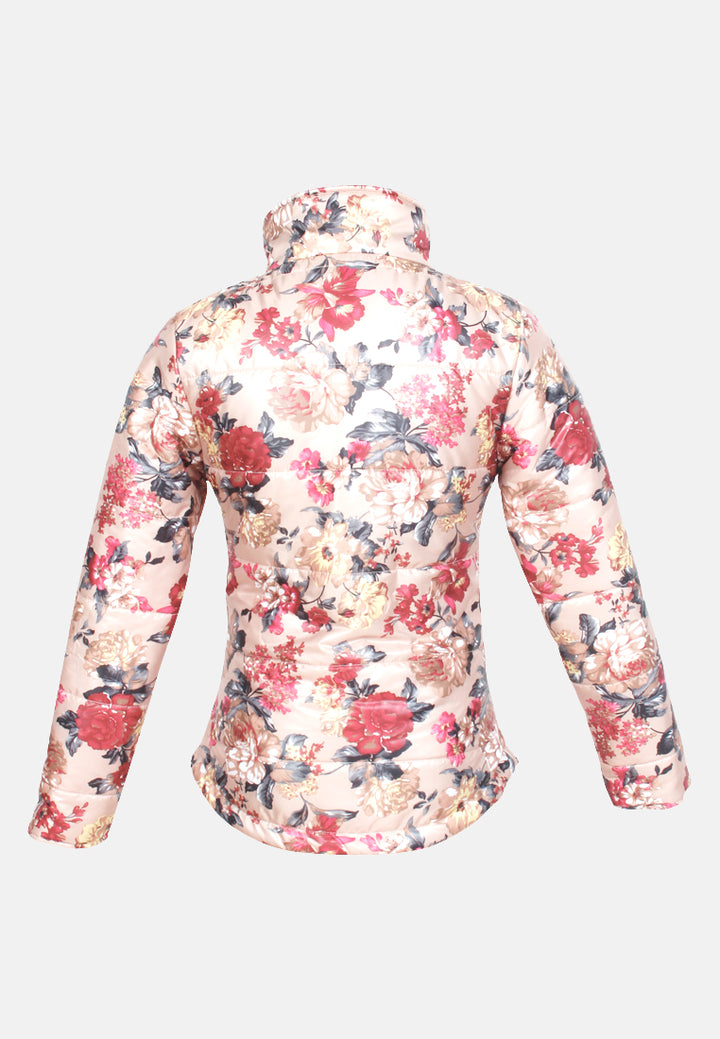 women high neck puffer jacket#color_beige floral print