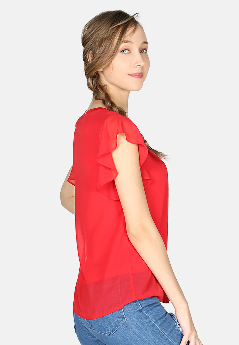 women short flutter sleeve casual top#color_red