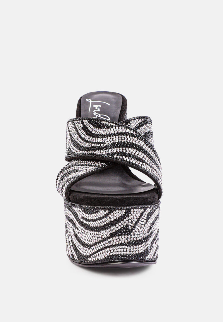 sinful high platform patterned diamante slides#color_black
