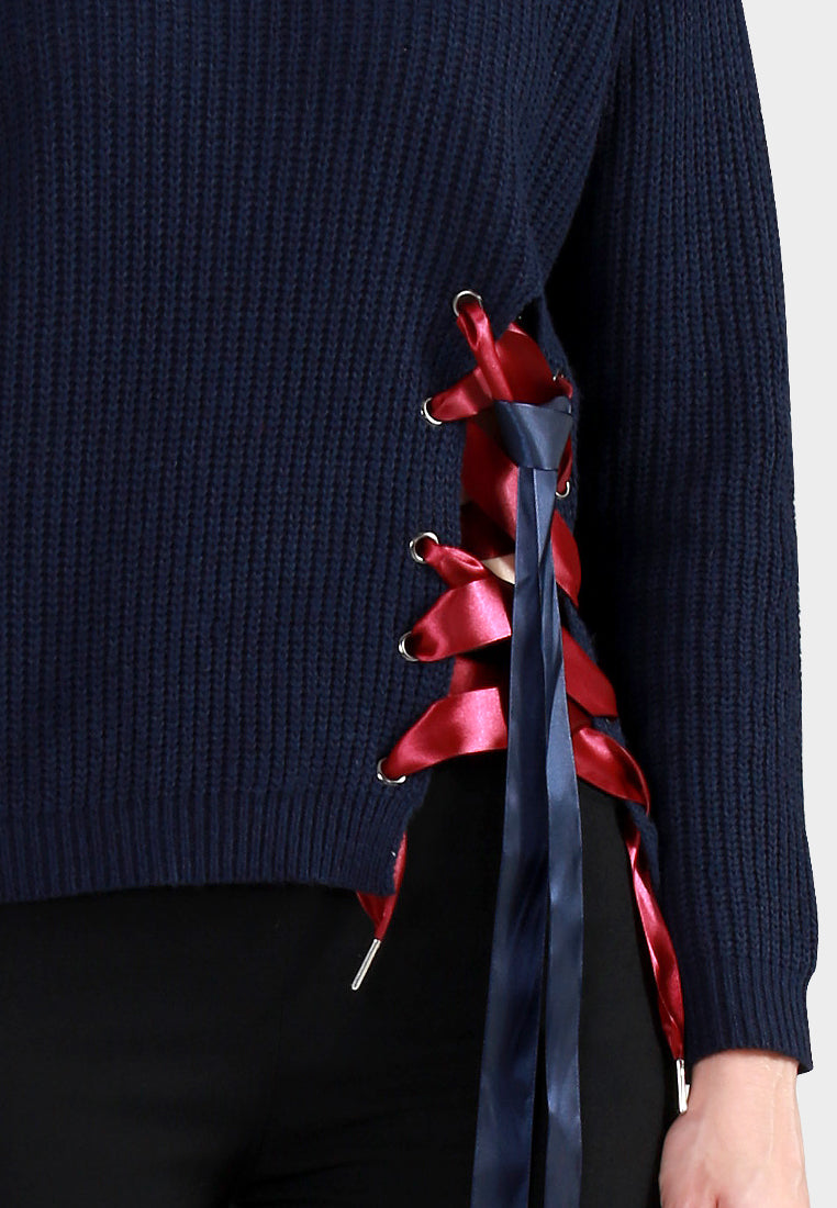 Women Long Sleeve Sweater Draw String Detail