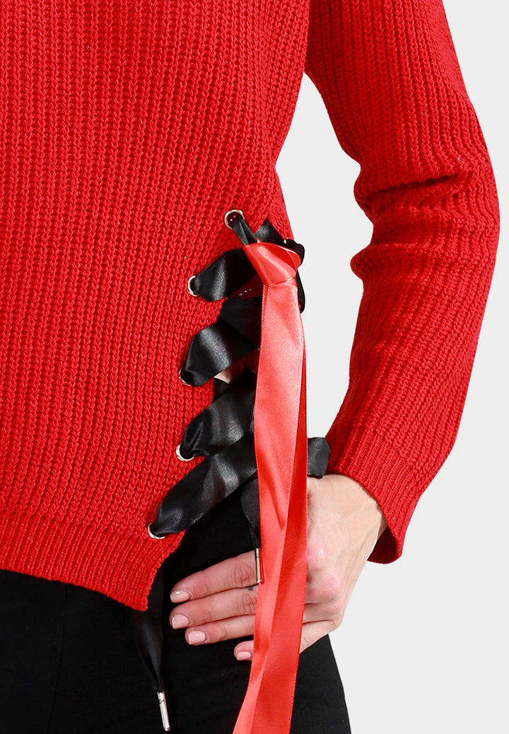 Women Long Sleeve Sweater Draw String Detail