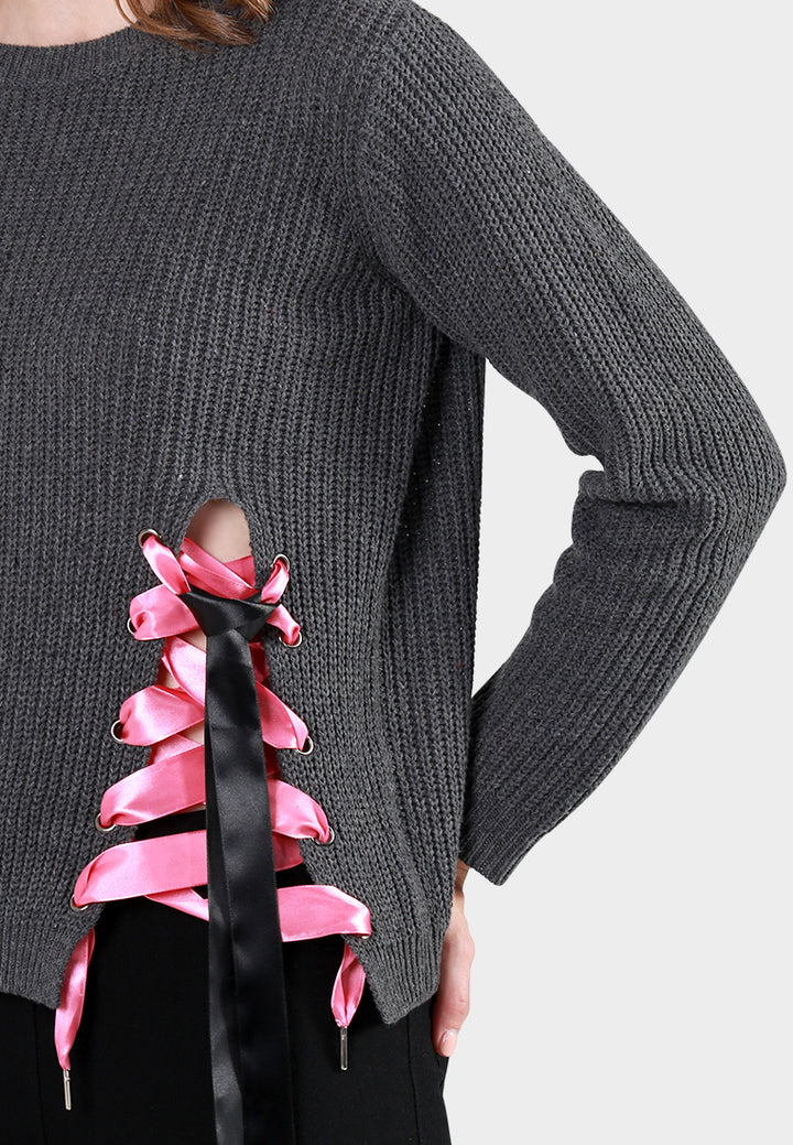 Women Long Sleeve Sweater Draw String Detail