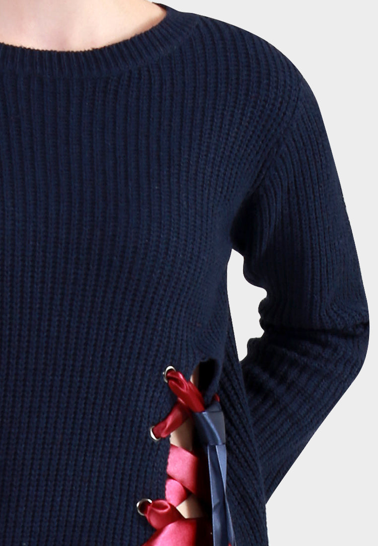 Women Long Sleeve Sweater Draw String Detail