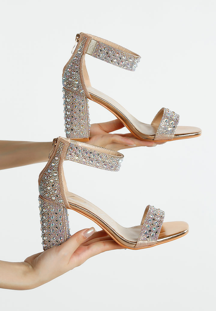women rhinestones and sequins block sandals#color_rose-gold