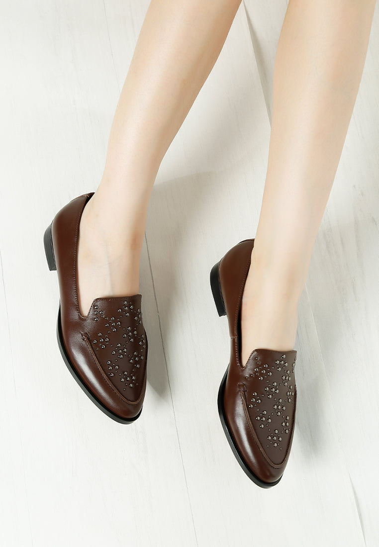 women studded genuine leather loafers#color_brown