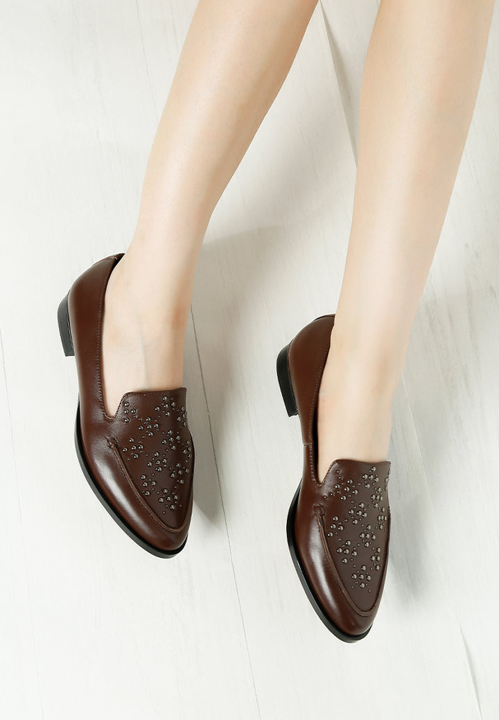 women studded genuine leather loafers#color_brown