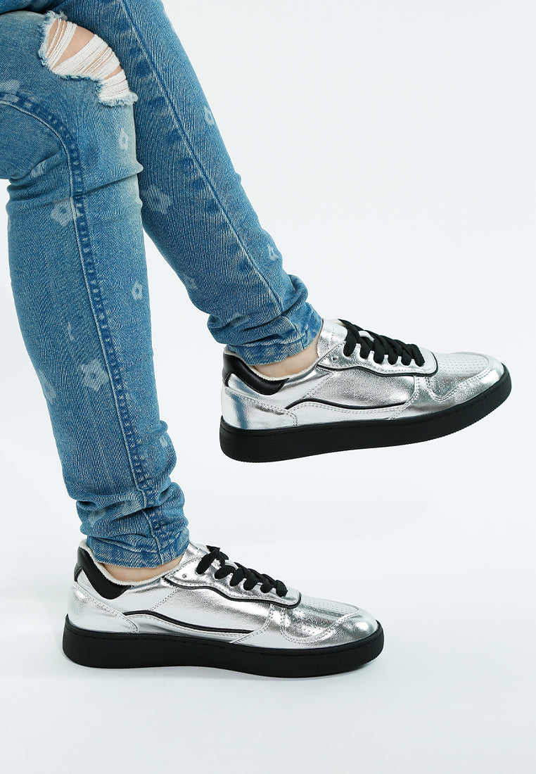 women faux leather everyday sneakers#color_silver-black