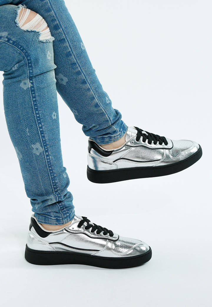 women faux leather everyday sneakers#color_silver-black