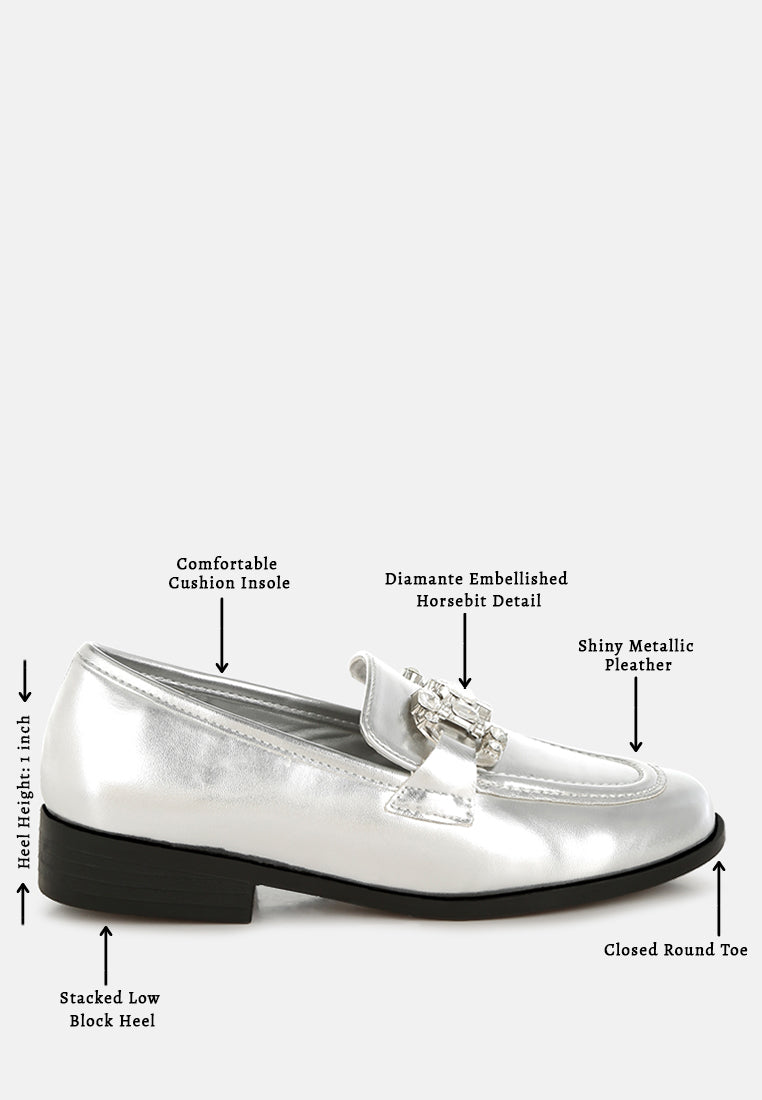 women diamante horsebit metallic loafers#color_silver