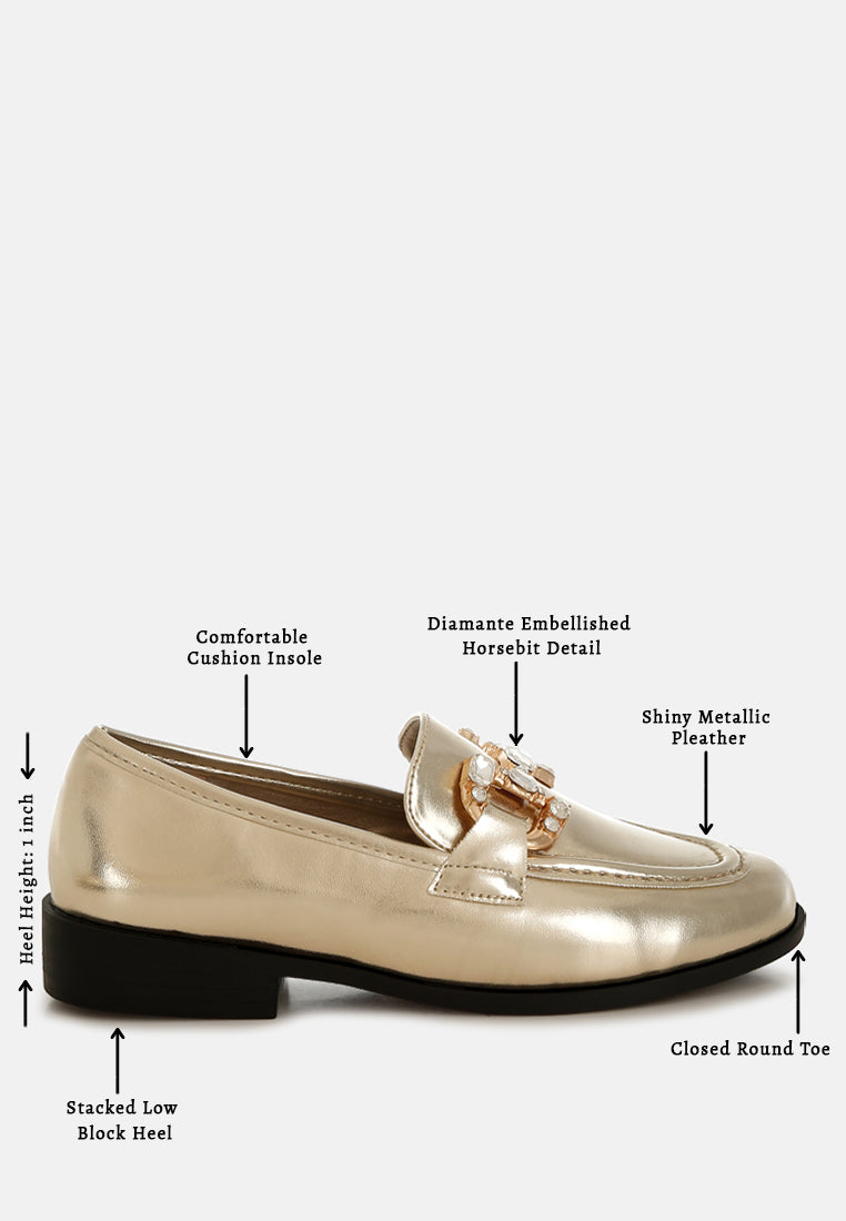 women diamante horsebit metallic loafers#color_gold