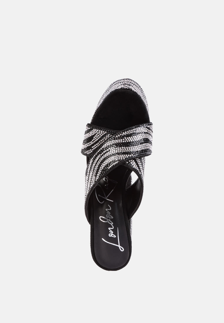 women platform patterned diamante slides#color_black