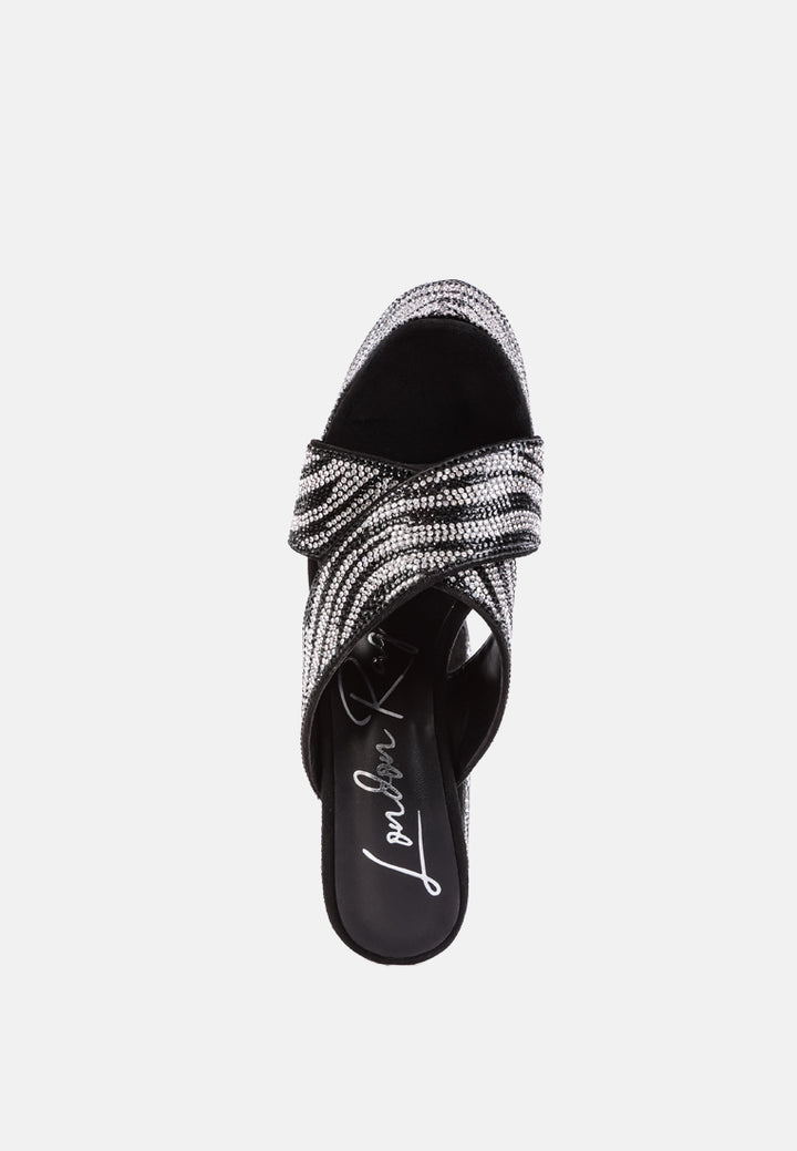women platform patterned diamante slides#color_black