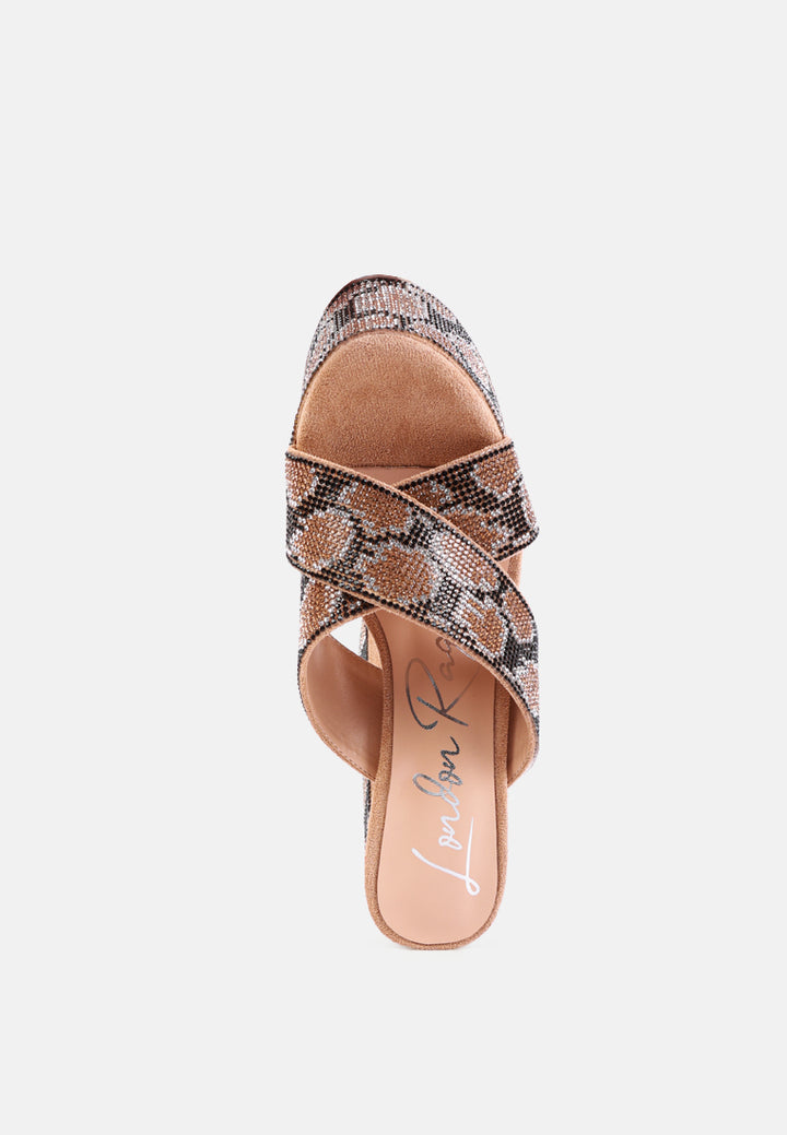 women platform patterned diamante slides#color_gold