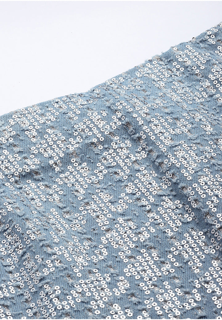 Women A-Line Sequin Denim Skirt