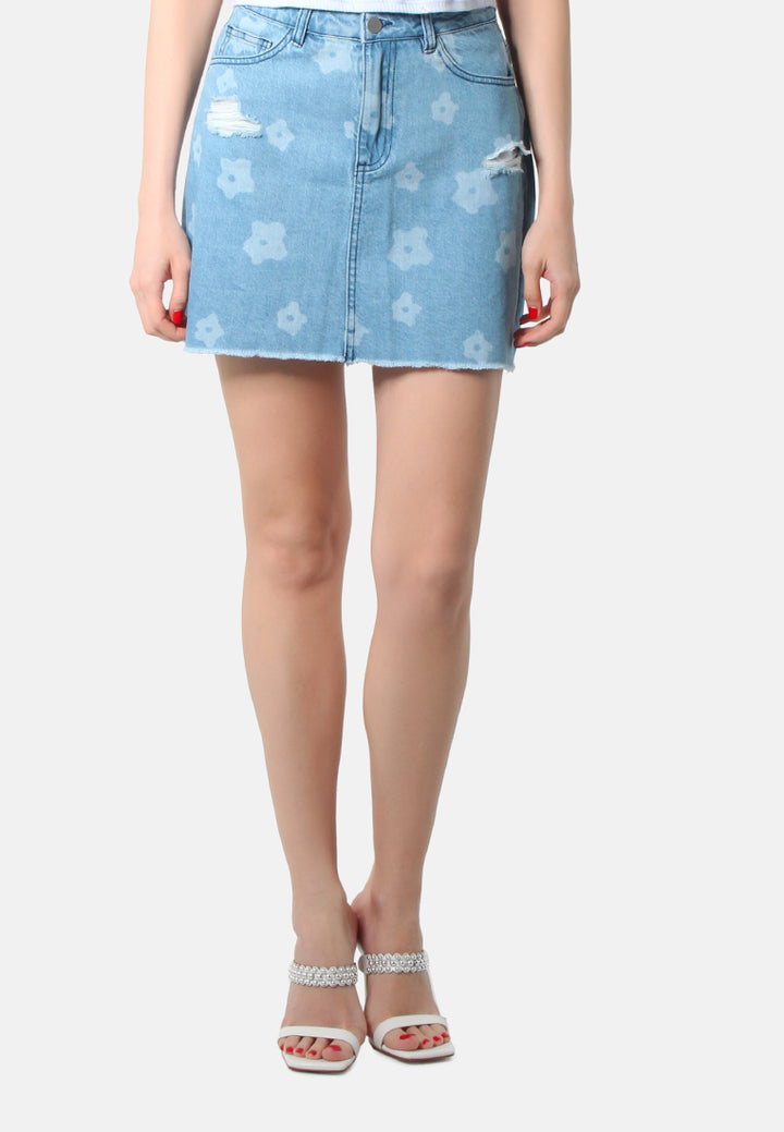 women blue flower print ripped jeans mini skirt#color_mid-blue