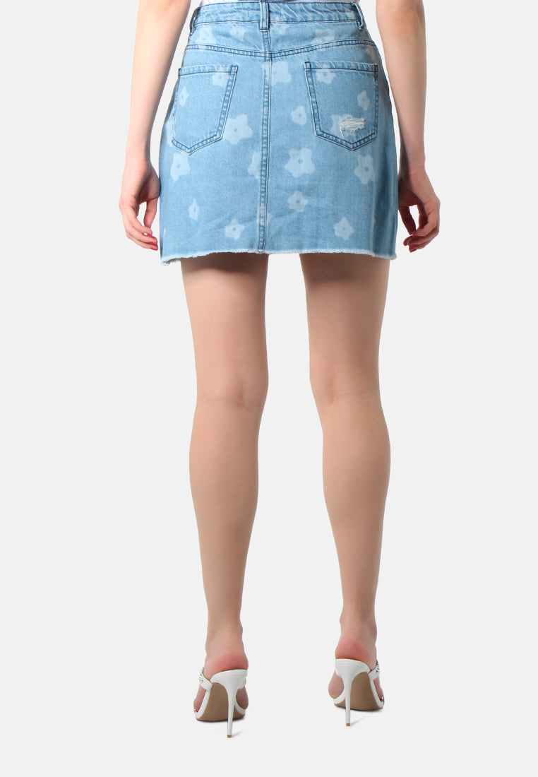 women blue flower print ripped jeans mini skirt#color_mid-blue