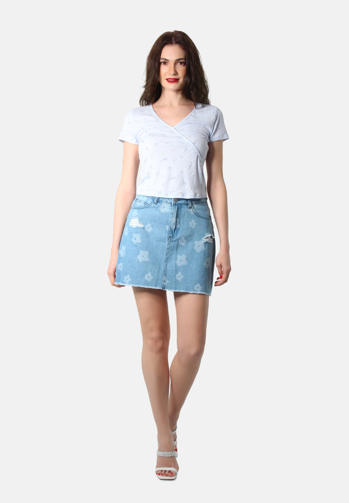 women blue flower print ripped jeans mini skirt#color_mid-blue0
