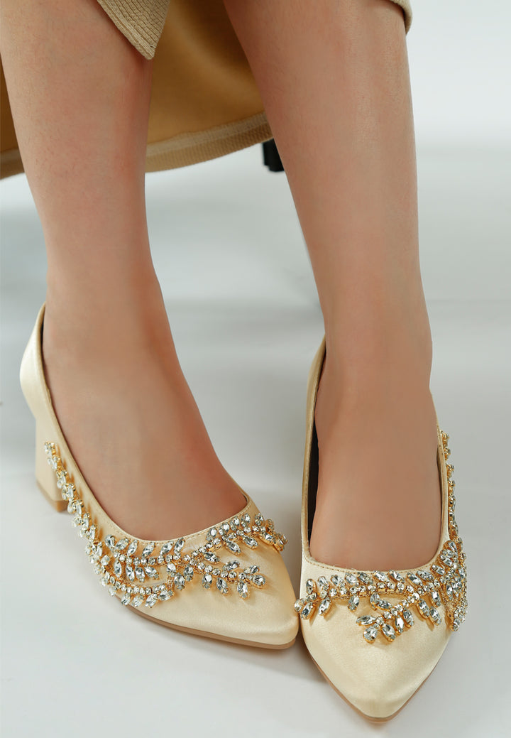 women satin diamante embellished pumps#color_beige
