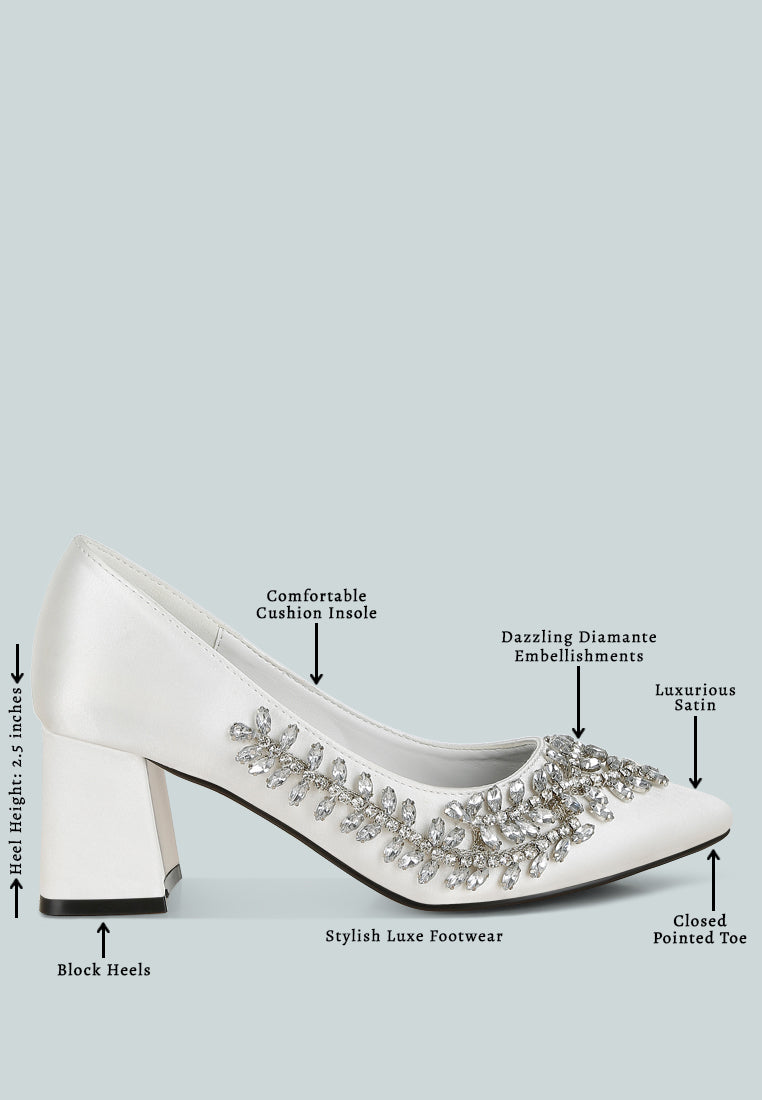 women satin diamante embellished pumps#color_white