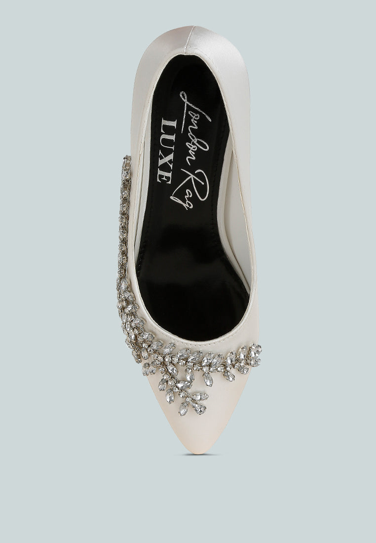 women satin diamante embellished pumps#color_white