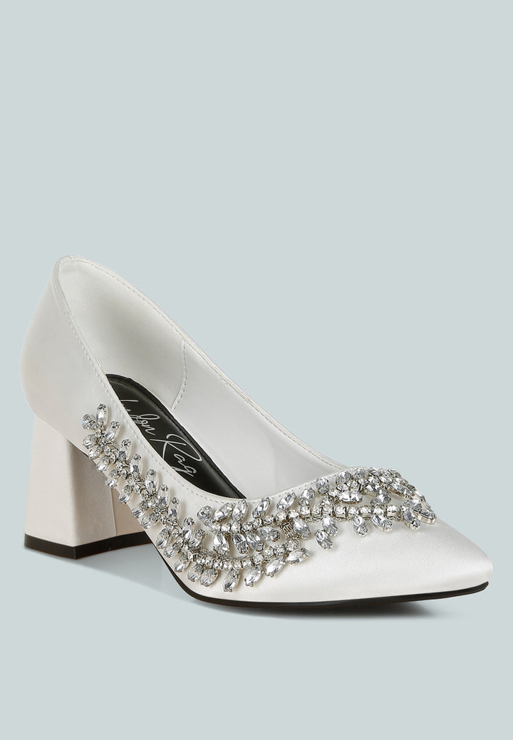 women satin diamante embellished pumps#color_white