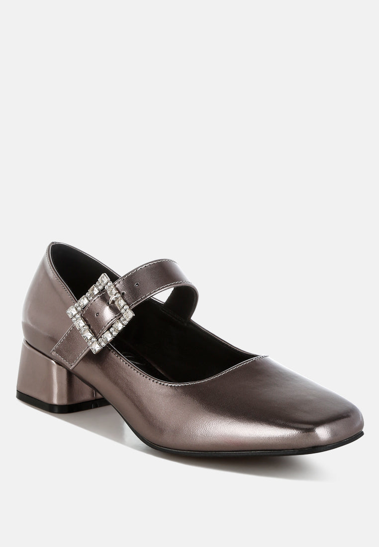 women diamante brooch metallic mary jane pumps#color_pewter