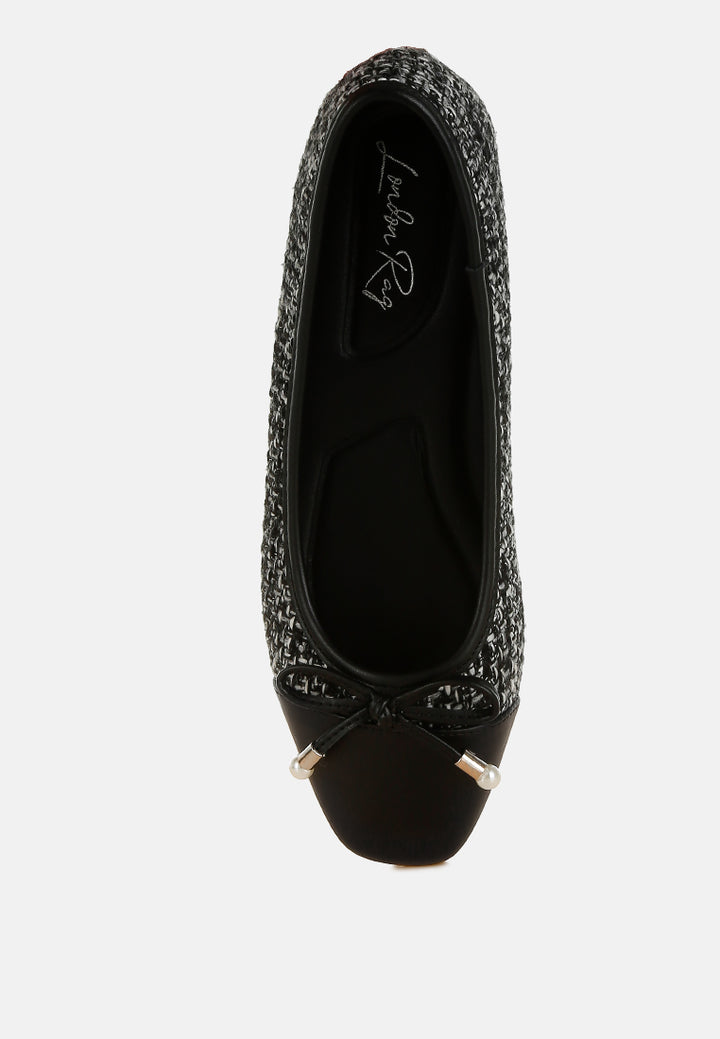 Women Boucle Pearl Bow Ballerinas