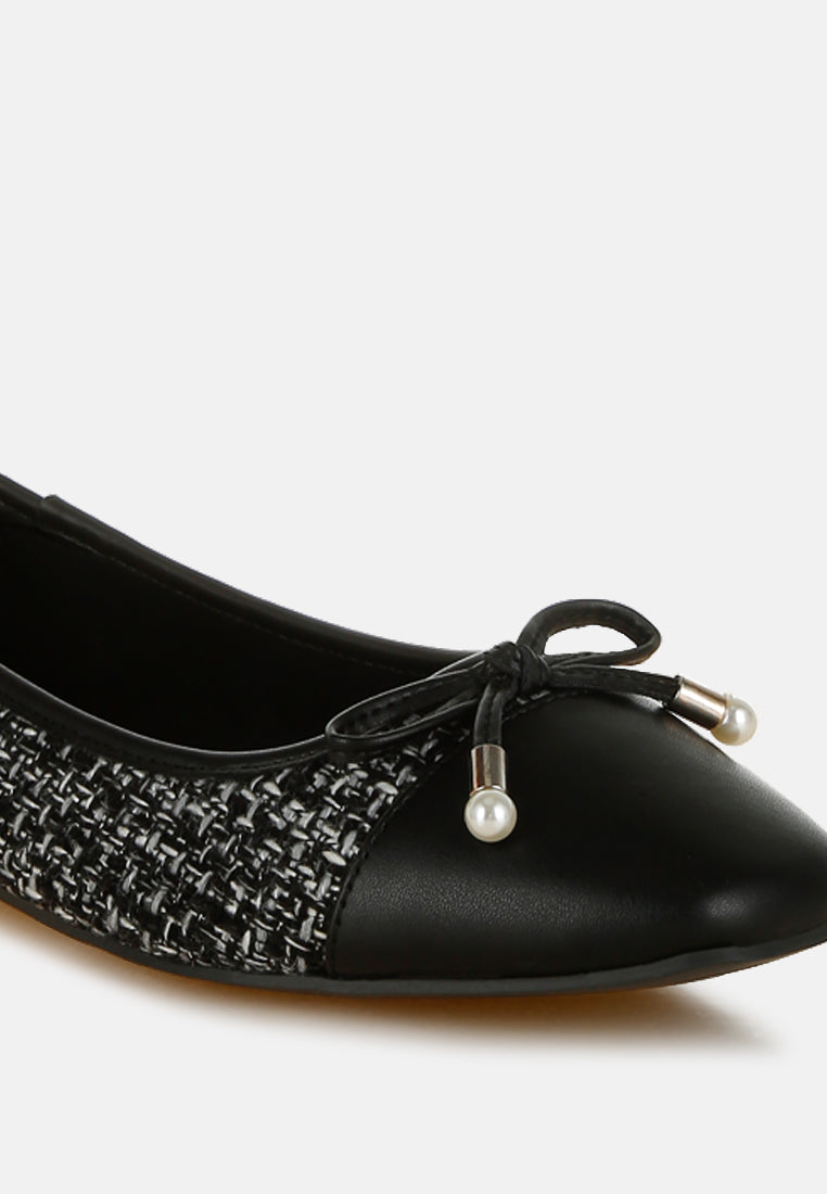 Women Boucle Pearl Bow Ballerinas