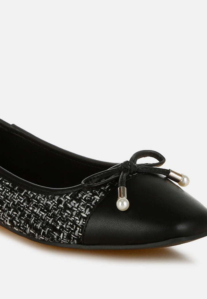 Women Boucle Pearl Bow Ballerinas