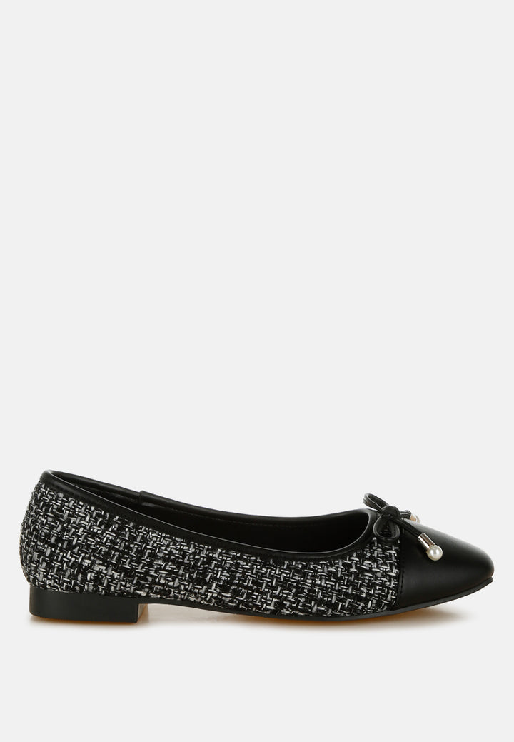 Women Boucle Pearl Bow Ballerinas