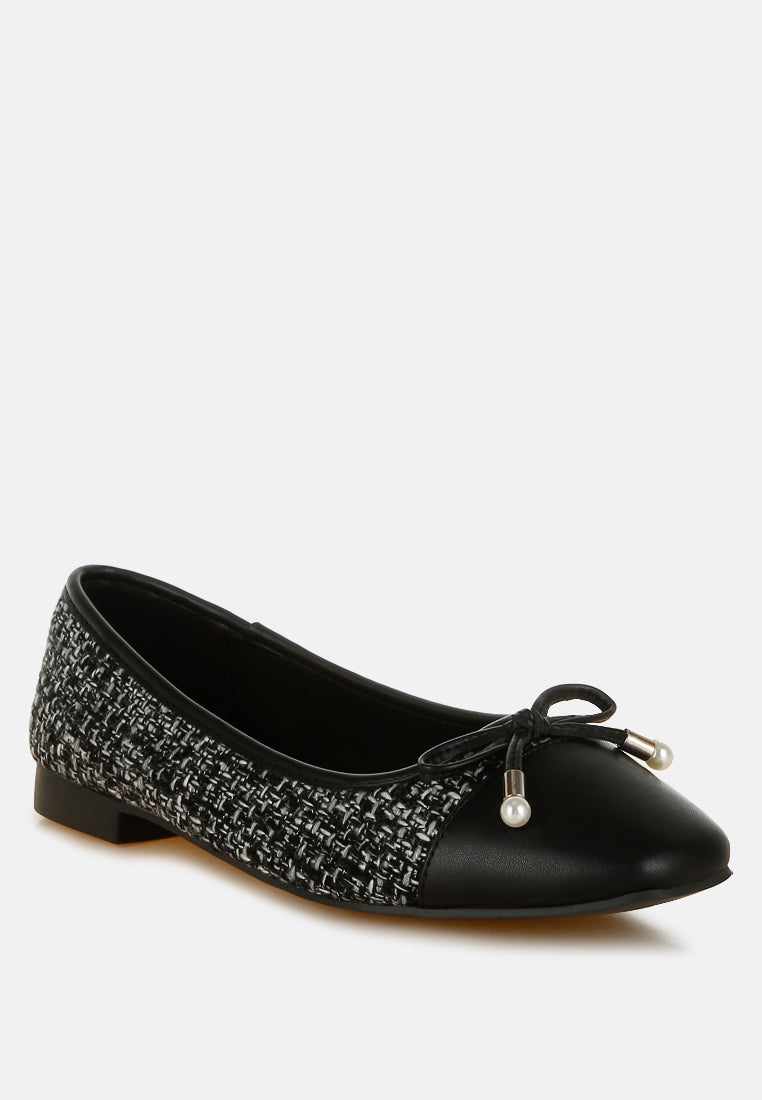 Women Boucle Pearl Bow Ballerinas