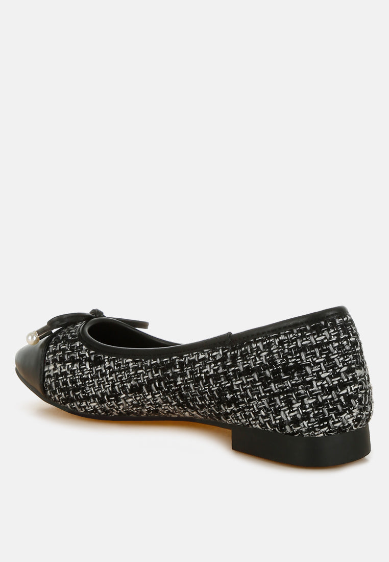 Women Boucle Pearl Bow Ballerinas