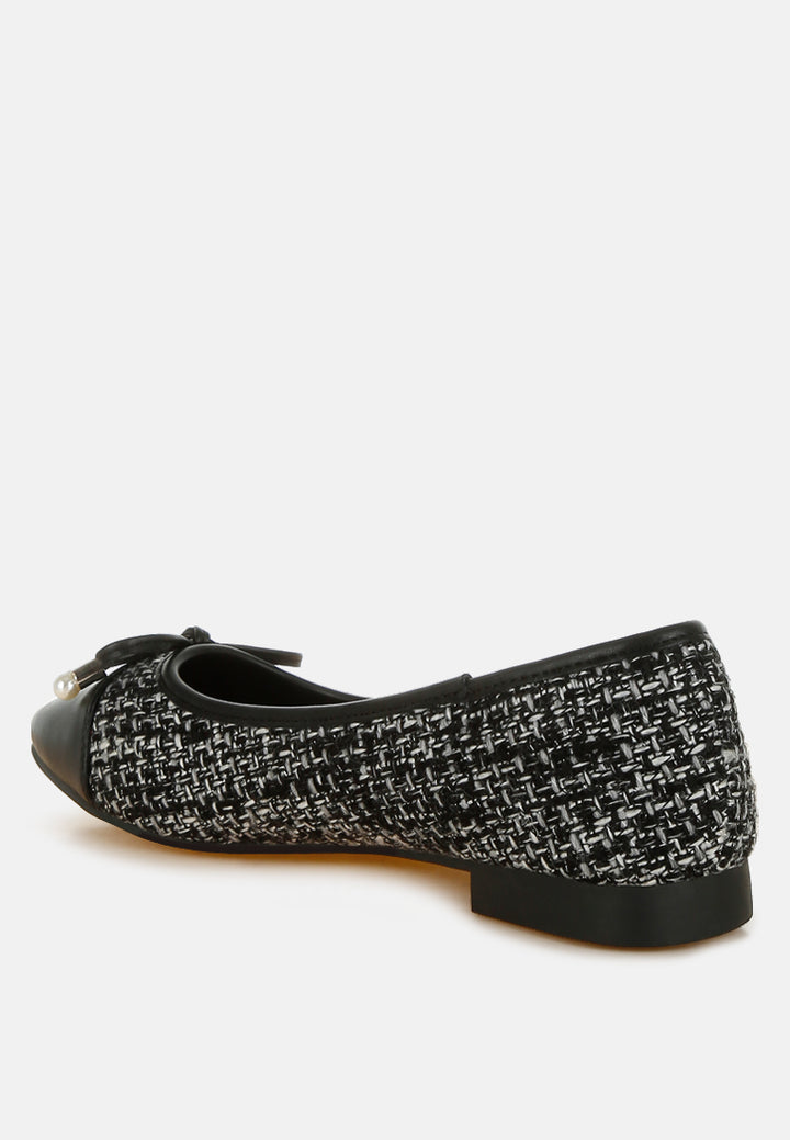 Women Boucle Pearl Bow Ballerinas