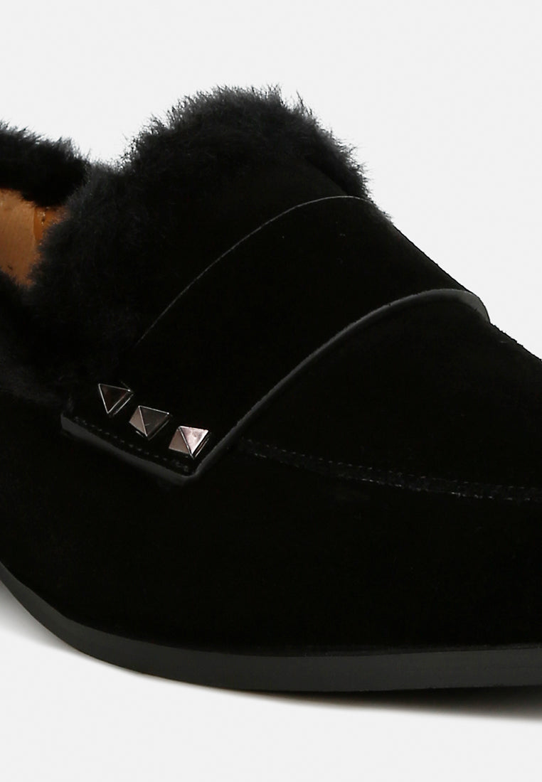 women fur trim suede loafers#color_black