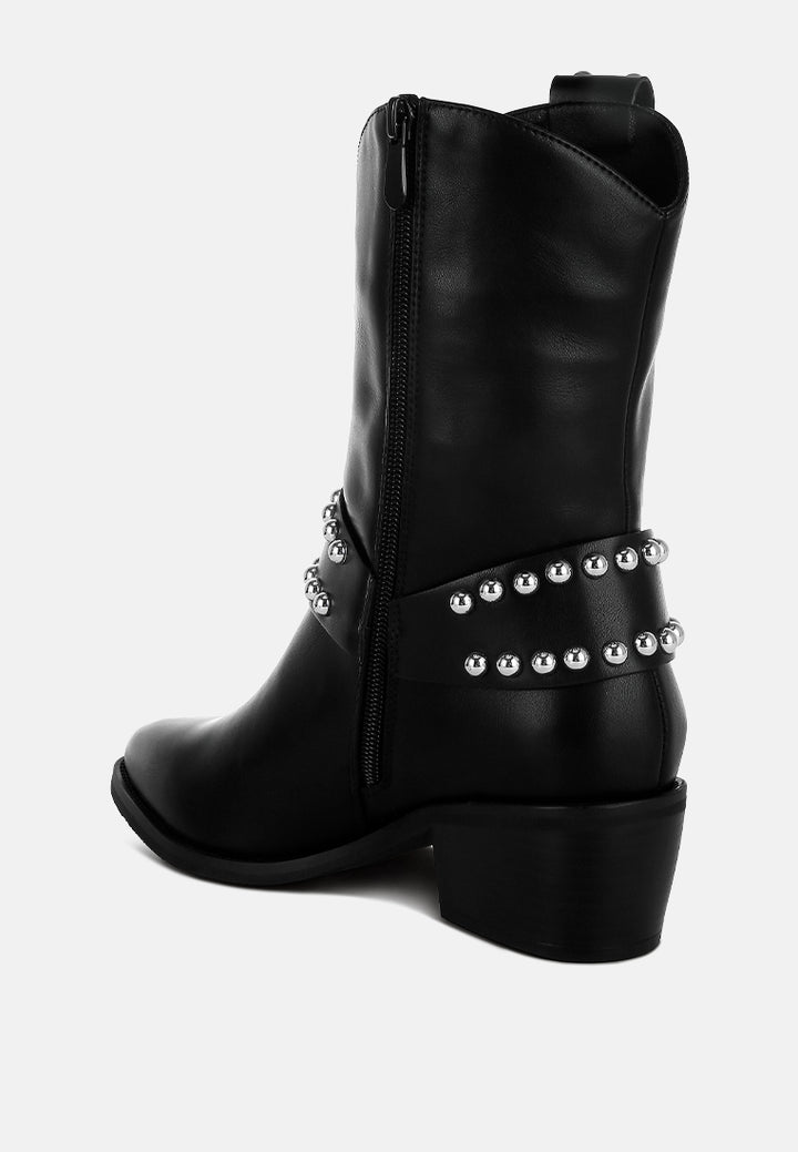 women studded harness detail boots#color_black