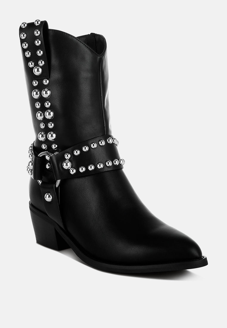 women studded harness detail boots#color_black