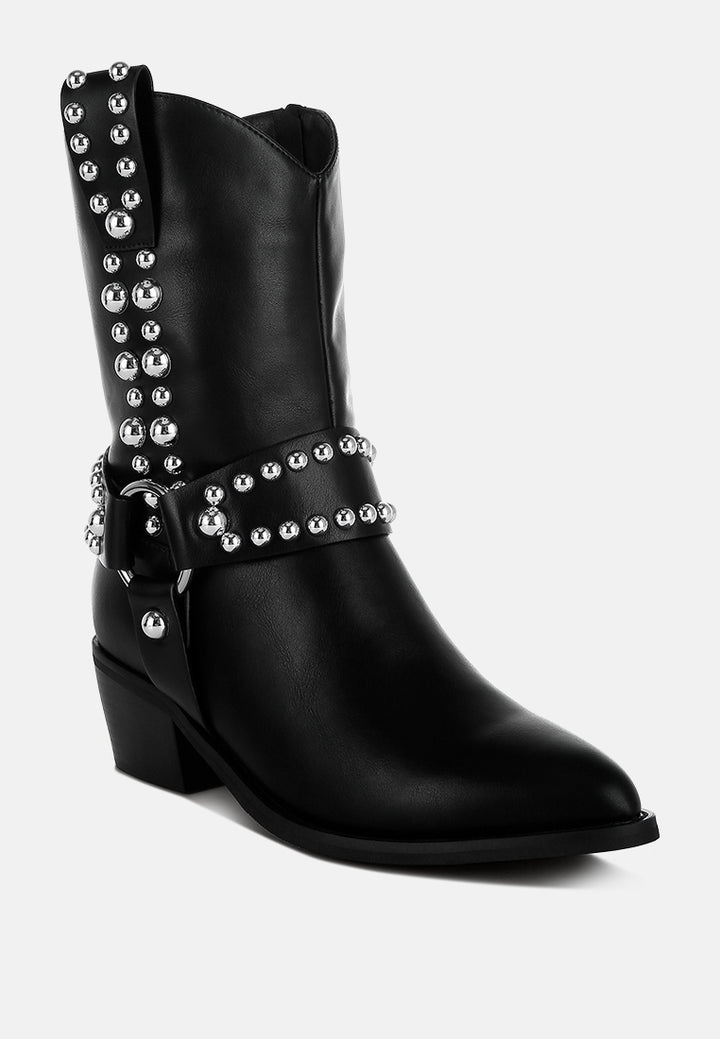 women studded harness detail boots#color_black