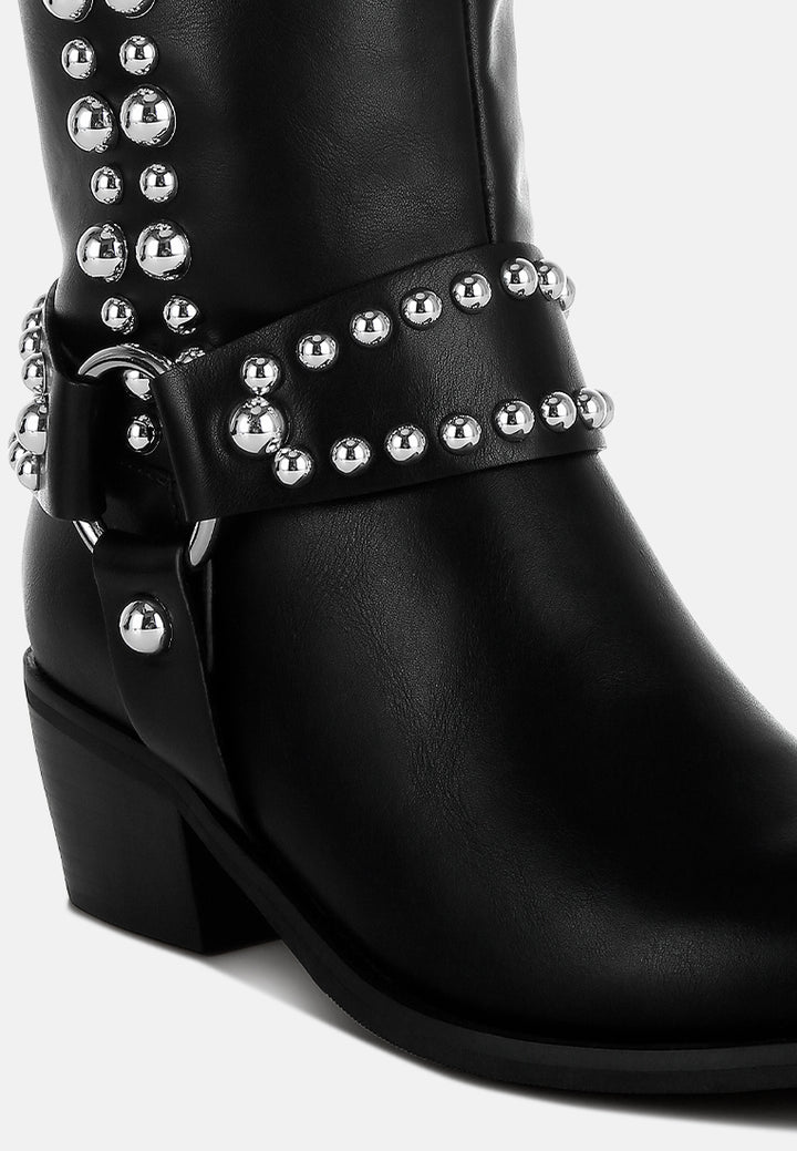 women studded harness detail boots#color_black