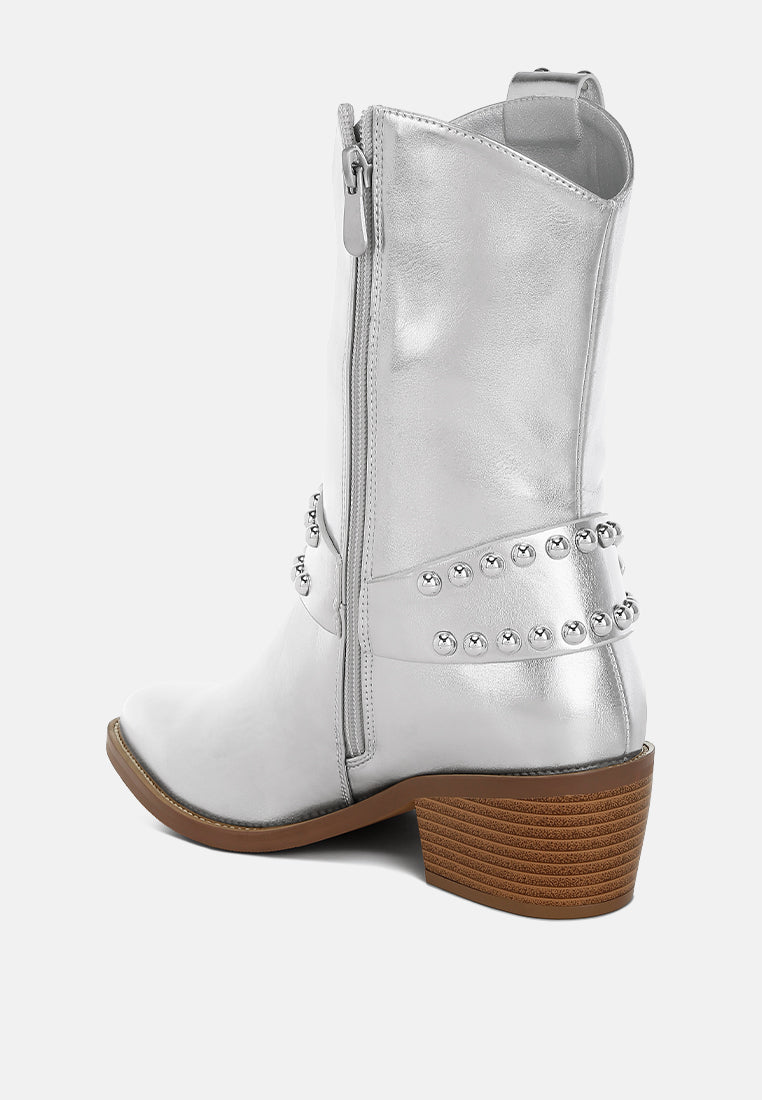 women studded harness detail boots#color_silver