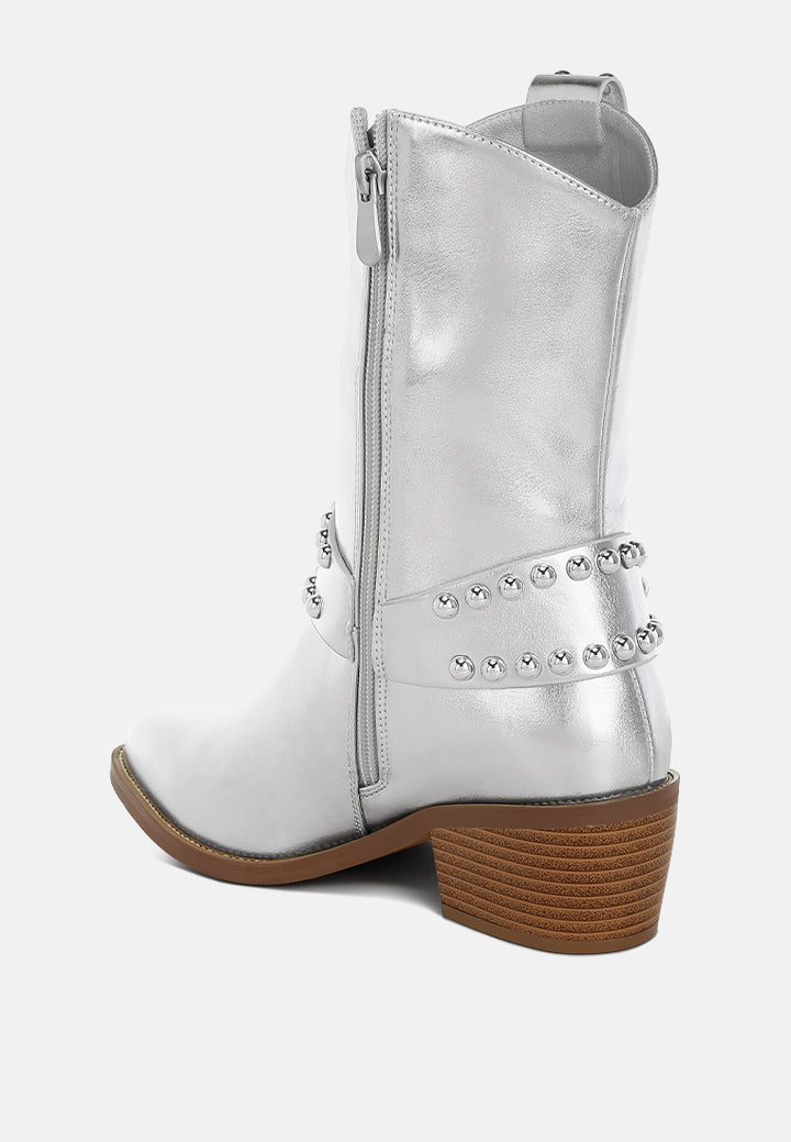 women studded harness detail boots#color_silver